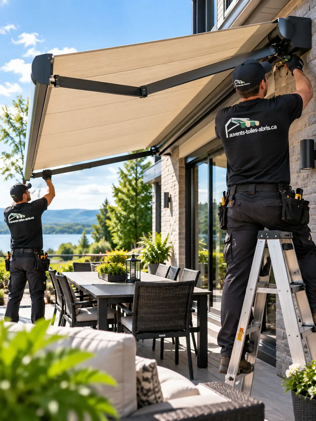 Installation d'un auvent rétractable sur une terrasse