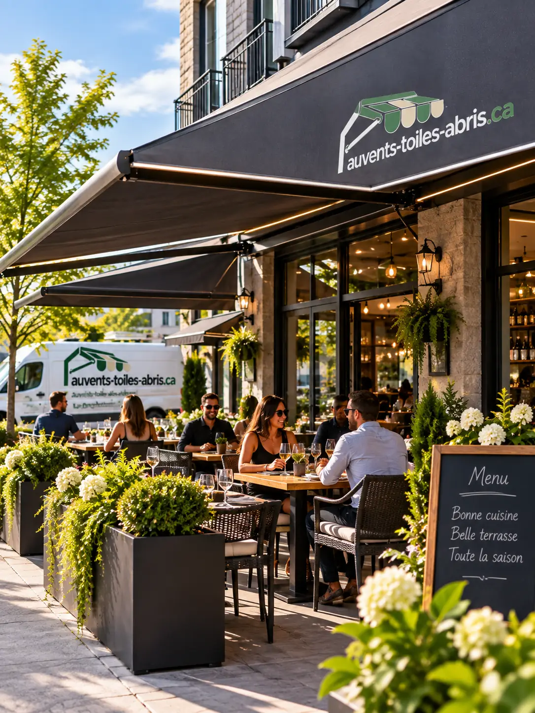 Terrasse de restaurant abritée par des auvents rétractables